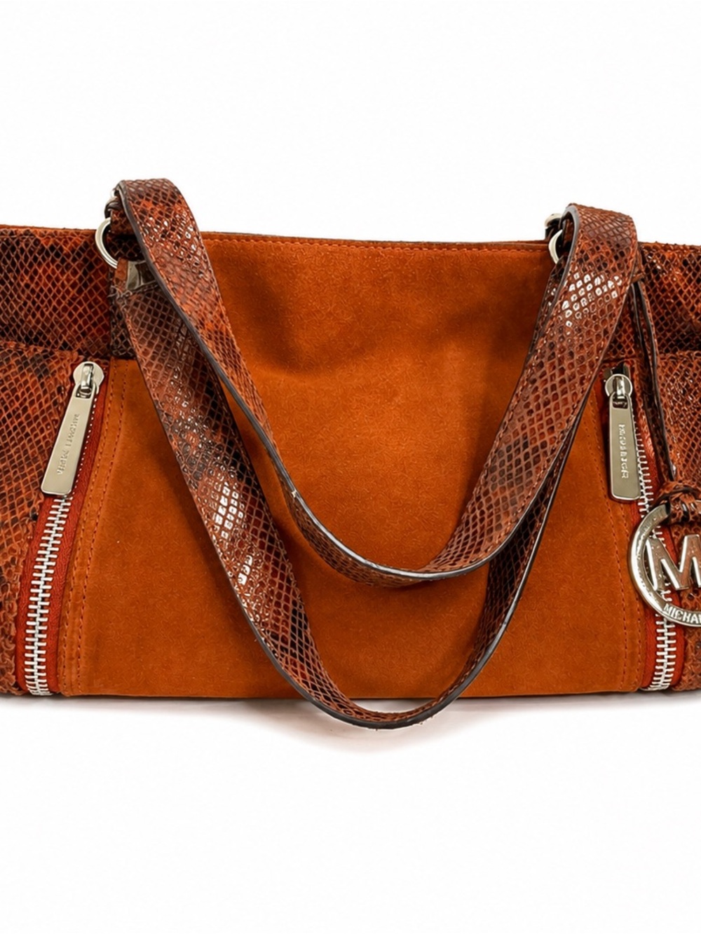 Michael Kors Orange Suede Shoulder Bag with Snake-Embossed Trim